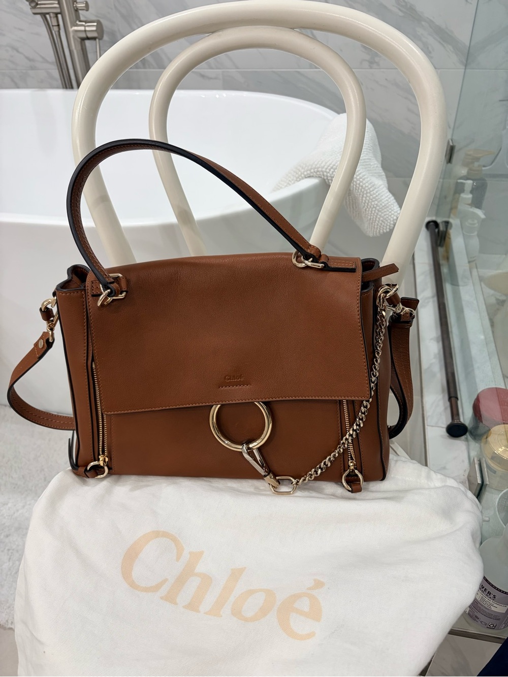 Authentic Chloé Faye Brown Leather Shoulder Bag with Ring & Chain medium size